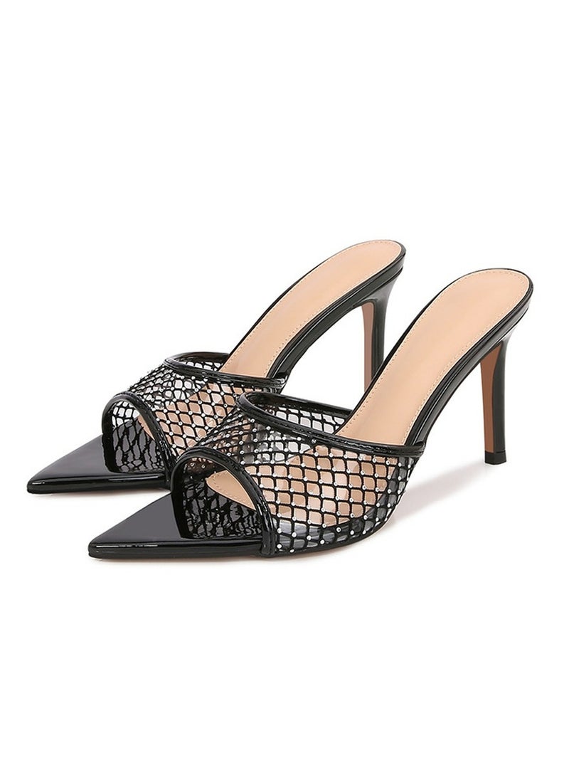 Women's Grid Rhinestone Pointed Toe One Line Design High Heeled Sandals Stiletto Heel Open Toe Slip On High Heels Slippers Black 8.5CM