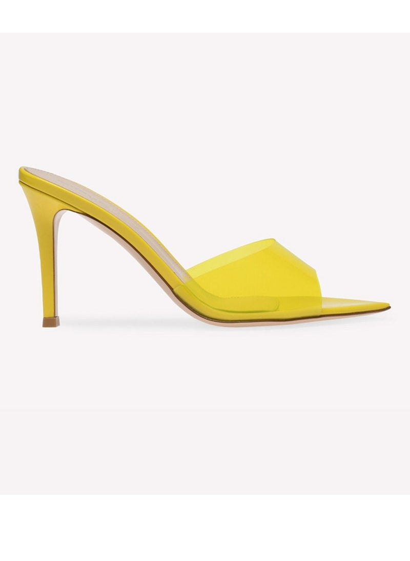 Women's Transparent Pointed Toe One Line Design High Heeled Sandals Stiletto Heel Open Toe Slip On High Heels Slippers Yellow 8.5CM