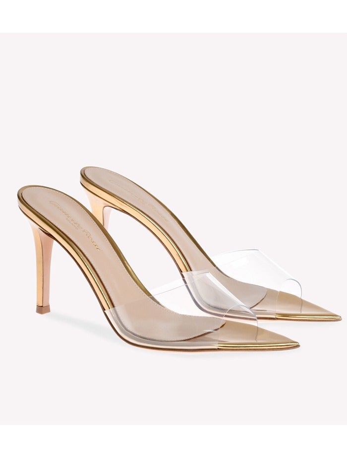 Women's Transparent Pointed Toe One Line Design High Heeled Sandals Stiletto Heel Open Toe Slip On High Heels Slippers Gold 8.5CM