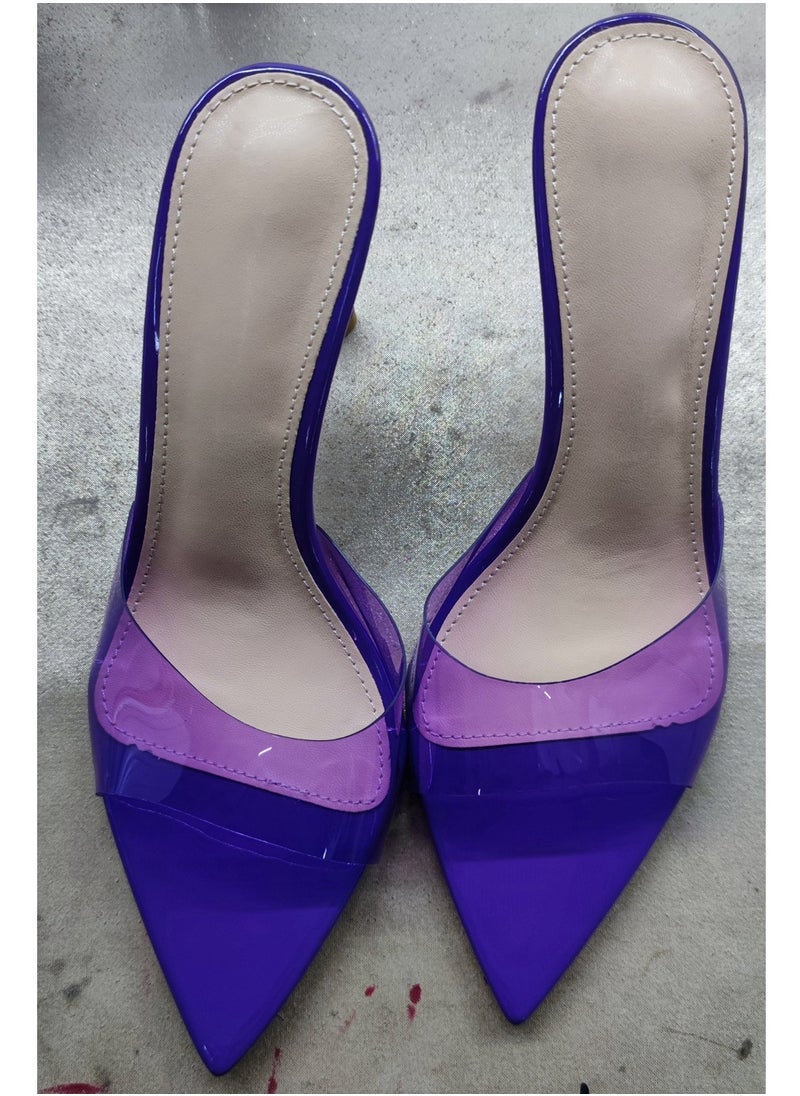 Women's Transparent Pointed Toe One Line Design High Heeled Sandals Stiletto Heel Open Toe Slip On High Heels Slippers Purple 8.5CM