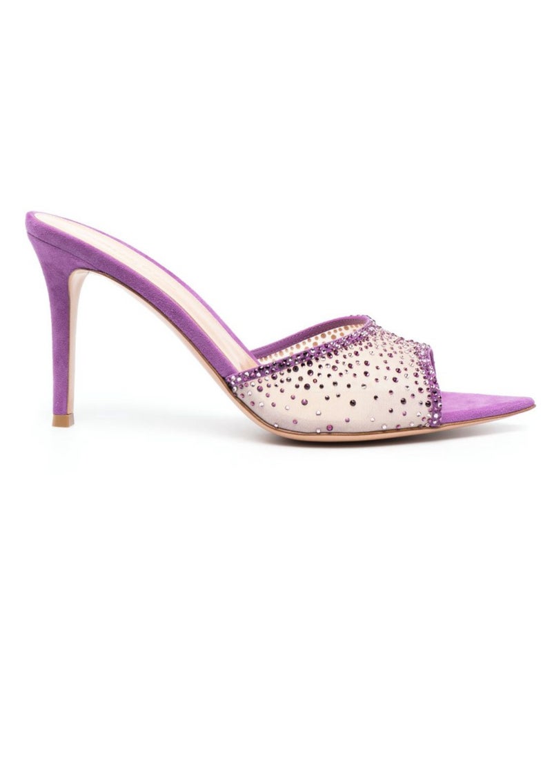 Women's Rhinestone Pointed Toe One Line Design High Heeled Sandals Stiletto Heel Open Toe Slip On Backless Fashion High Heels Slippers Purple 8.5CM