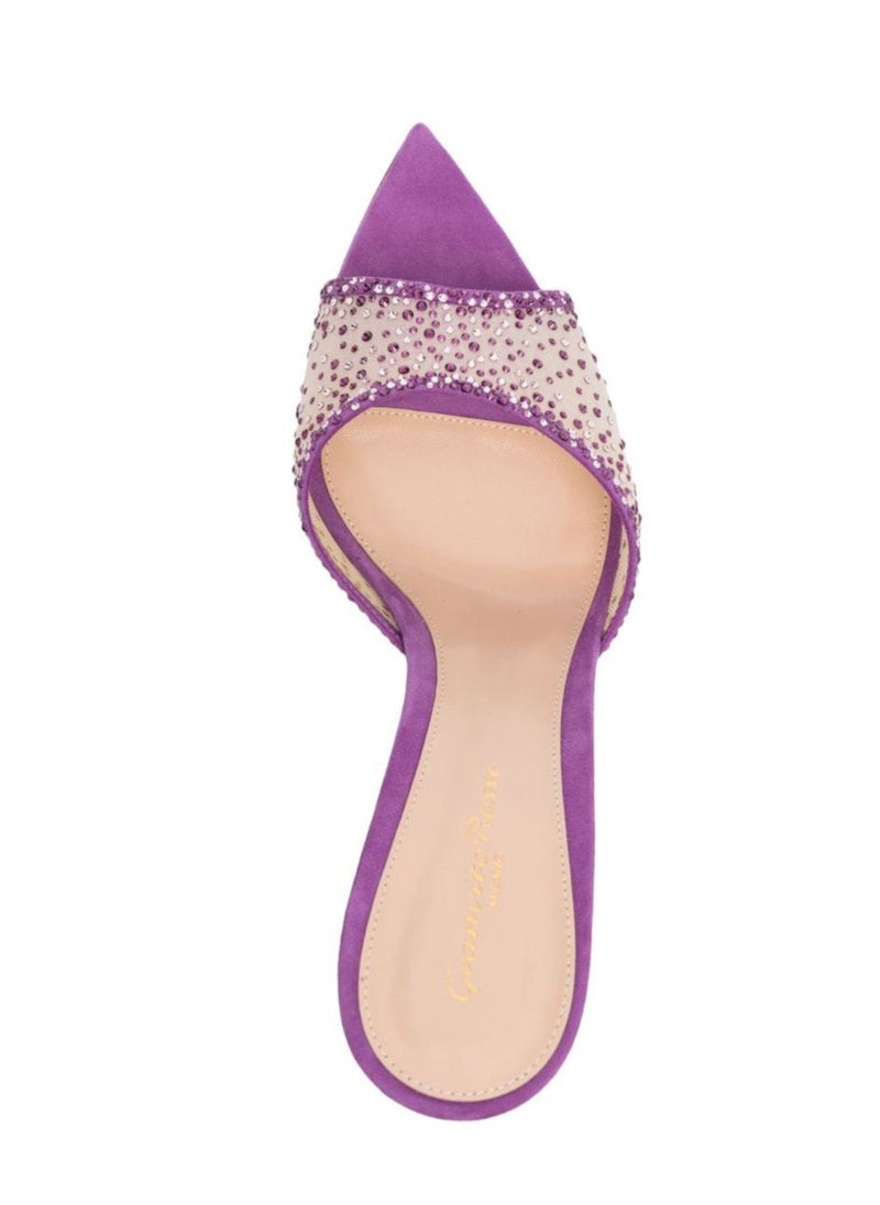 Women's Rhinestone Pointed Toe One Line Design High Heeled Sandals Stiletto Heel Open Toe Slip On Backless Fashion High Heels Slippers Purple 8.5CM