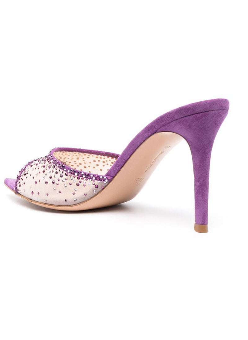 Women's Rhinestone Pointed Toe One Line Design High Heeled Sandals Stiletto Heel Open Toe Slip On Backless Fashion High Heels Slippers Purple 8.5CM