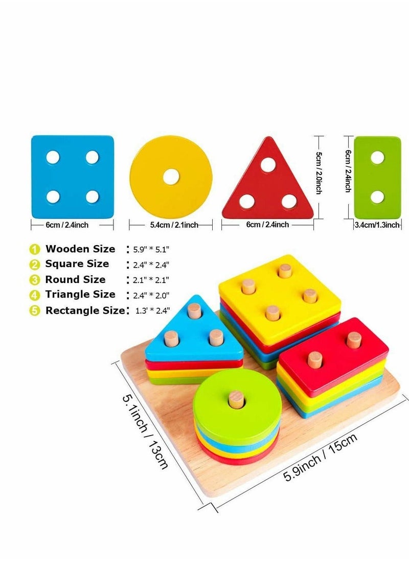 Wooden Sorting & Stacking Toy, Preschool Toddlers Educational Shape Color Recognition Puzzle Stacker, Early Childhood Development Puzzle Toys for 1 2 3 4+ Years Old Boys Girls (4 Shapes)