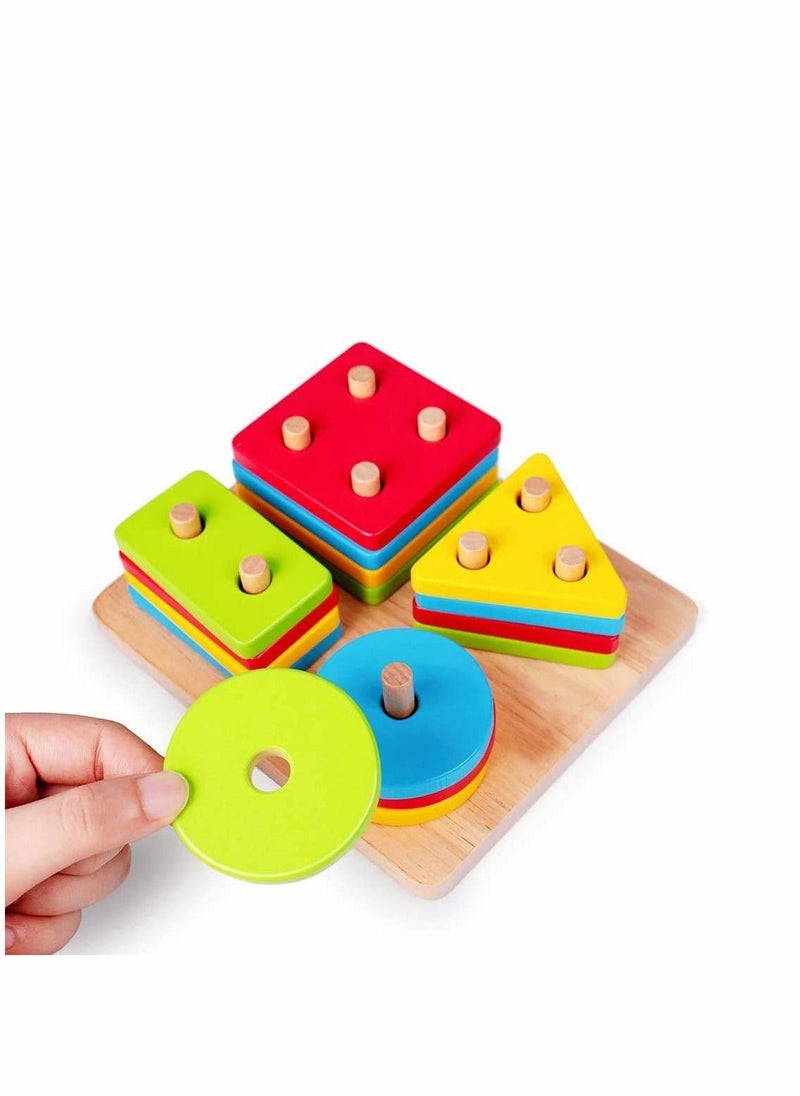 Wooden Sorting & Stacking Toy, Preschool Toddlers Educational Shape Color Recognition Puzzle Stacker, Early Childhood Development Puzzle Toys for 1 2 3 4+ Years Old Boys Girls (4 Shapes)