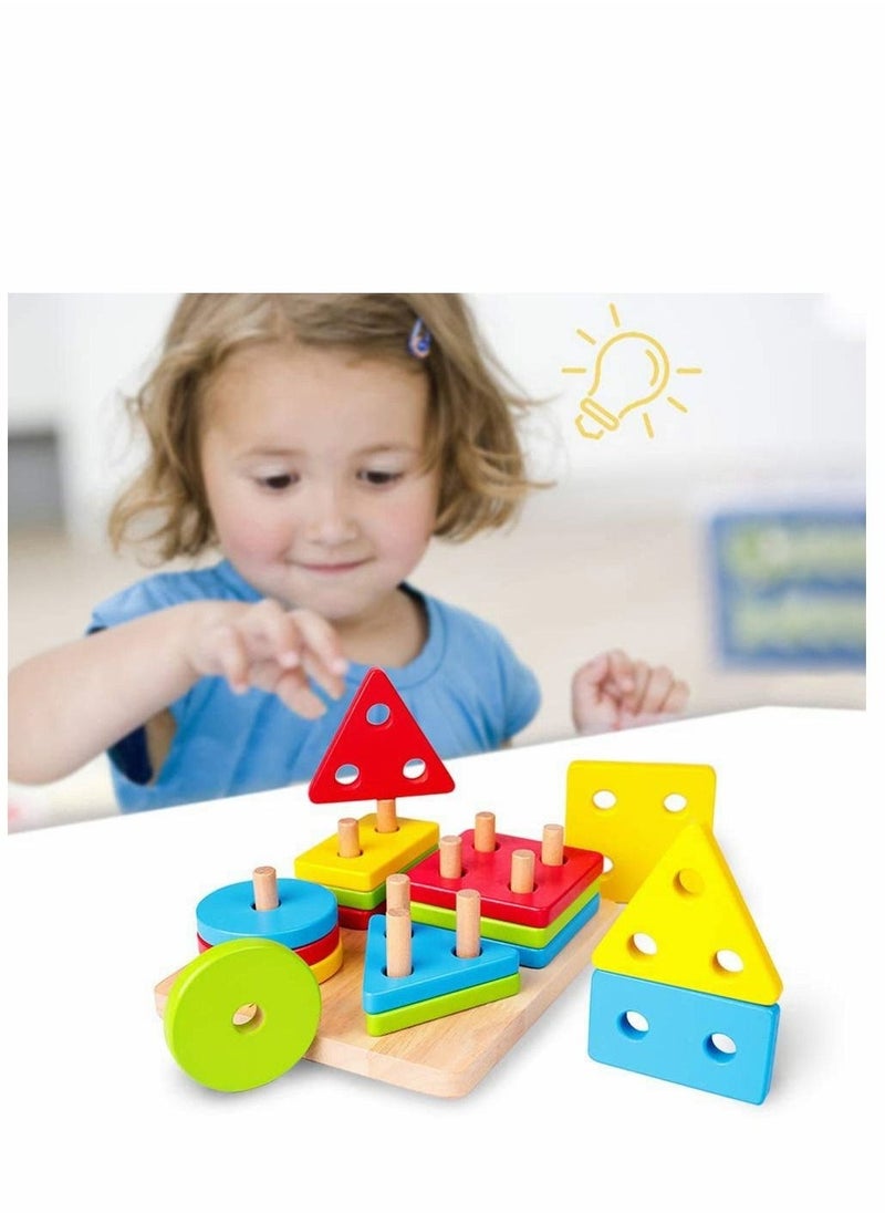 Wooden Sorting & Stacking Toy, Preschool Toddlers Educational Shape Color Recognition Puzzle Stacker, Early Childhood Development Puzzle Toys for 1 2 3 4+ Years Old Boys Girls (4 Shapes)