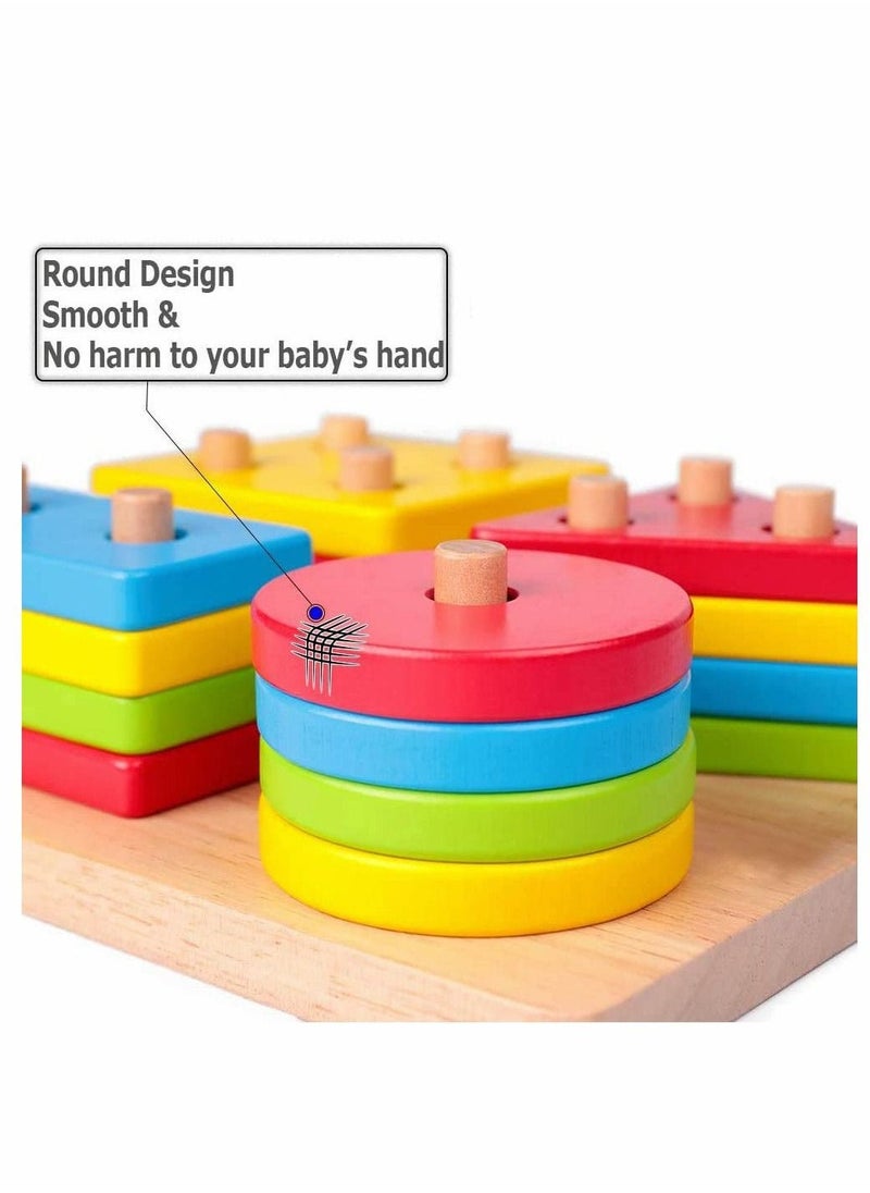 Wooden Sorting & Stacking Toy, Preschool Toddlers Educational Shape Color Recognition Puzzle Stacker, Early Childhood Development Puzzle Toys for 1 2 3 4+ Years Old Boys Girls (4 Shapes)