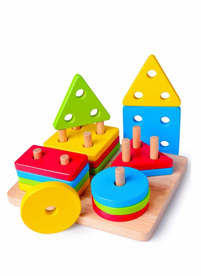 Wooden Sorting & Stacking Toy, Preschool Toddlers Educational Shape Color Recognition Puzzle Stacker, Early Childhood Development Puzzle Toys for 1 2 3 4+ Years Old Boys Girls (4 Shapes)