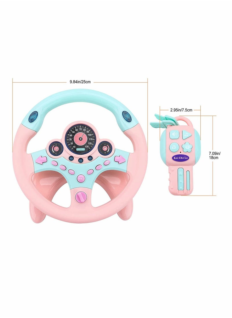 Musical Toys, Kids Steering Wheel for Backseat with Car Key Pretend Driving Simulated Driving Steering Wheel Toy with Light and Music Gifts, for Kids, Pink