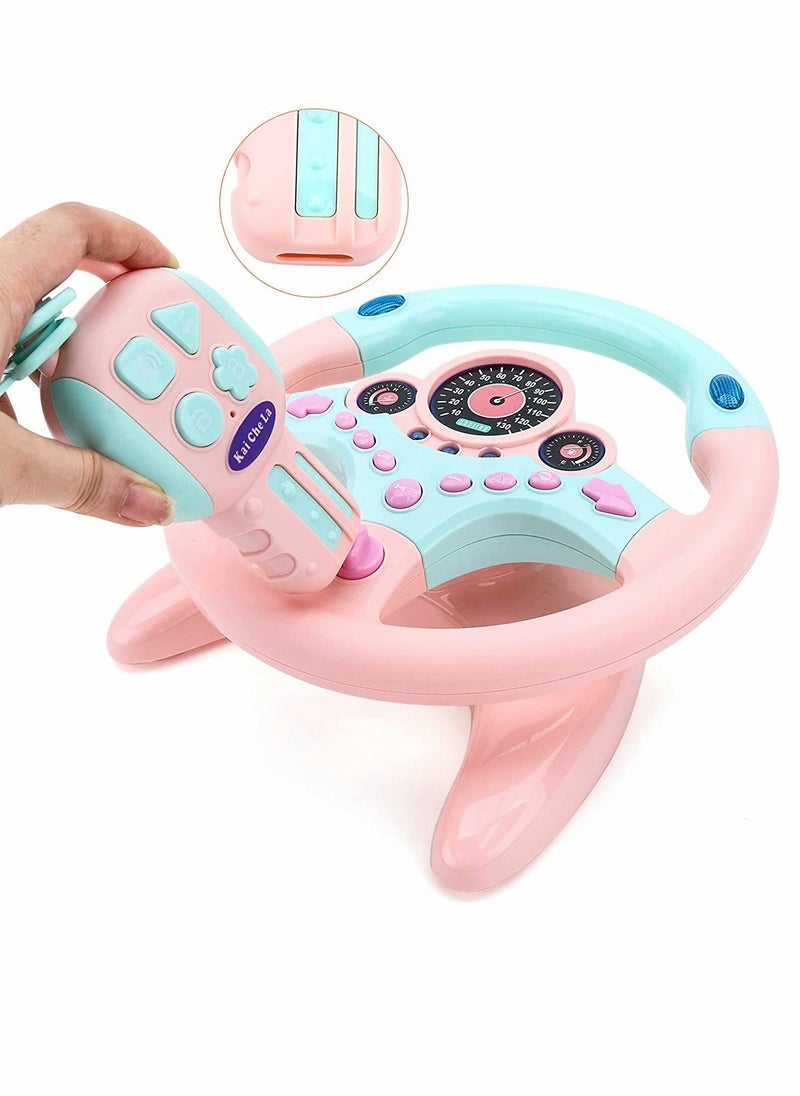 Musical Toys, Kids Steering Wheel for Backseat with Car Key Pretend Driving Simulated Driving Steering Wheel Toy with Light and Music Gifts, for Kids, Pink