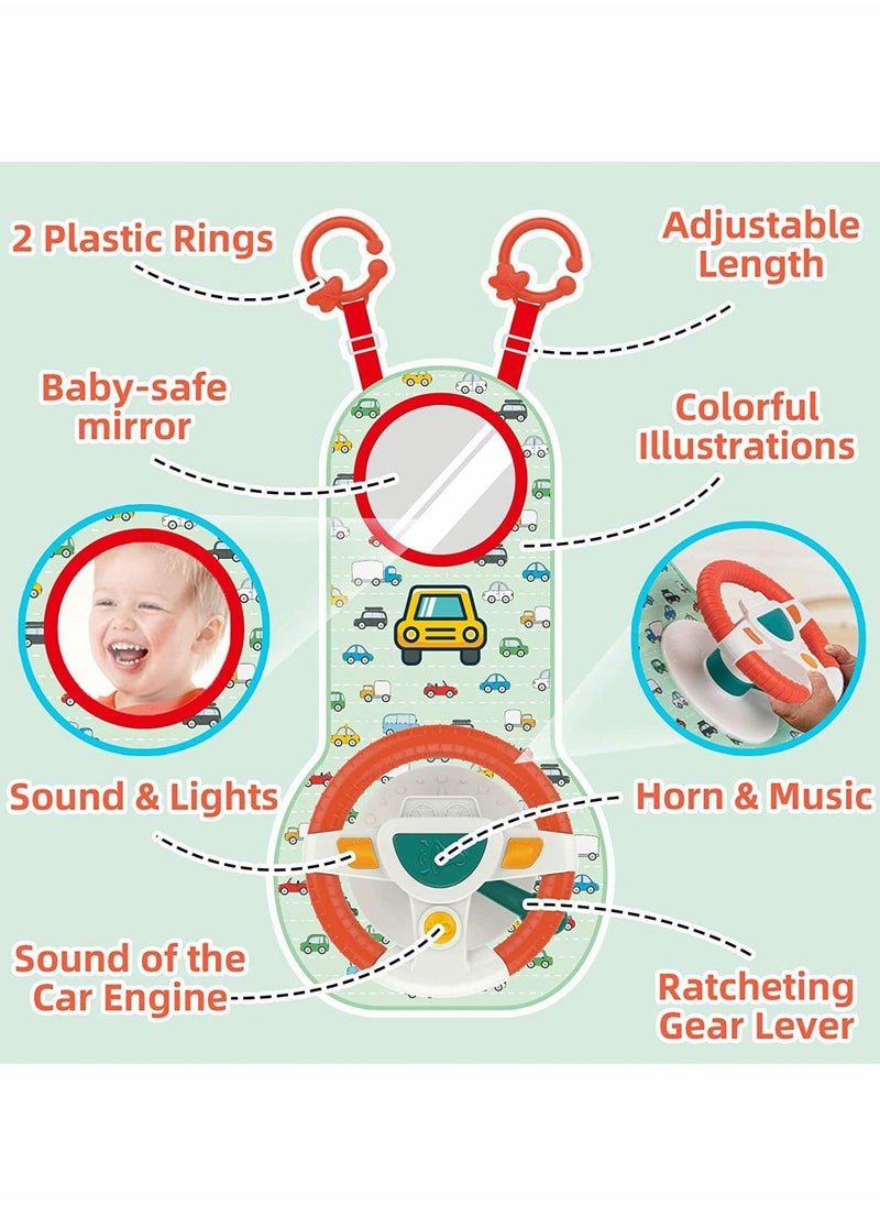 Baby Car Seat Toys for Infants, Baby Car Seat Toys with Mirror, Steering Wheel Toys with Music Lights and Driving Sounds