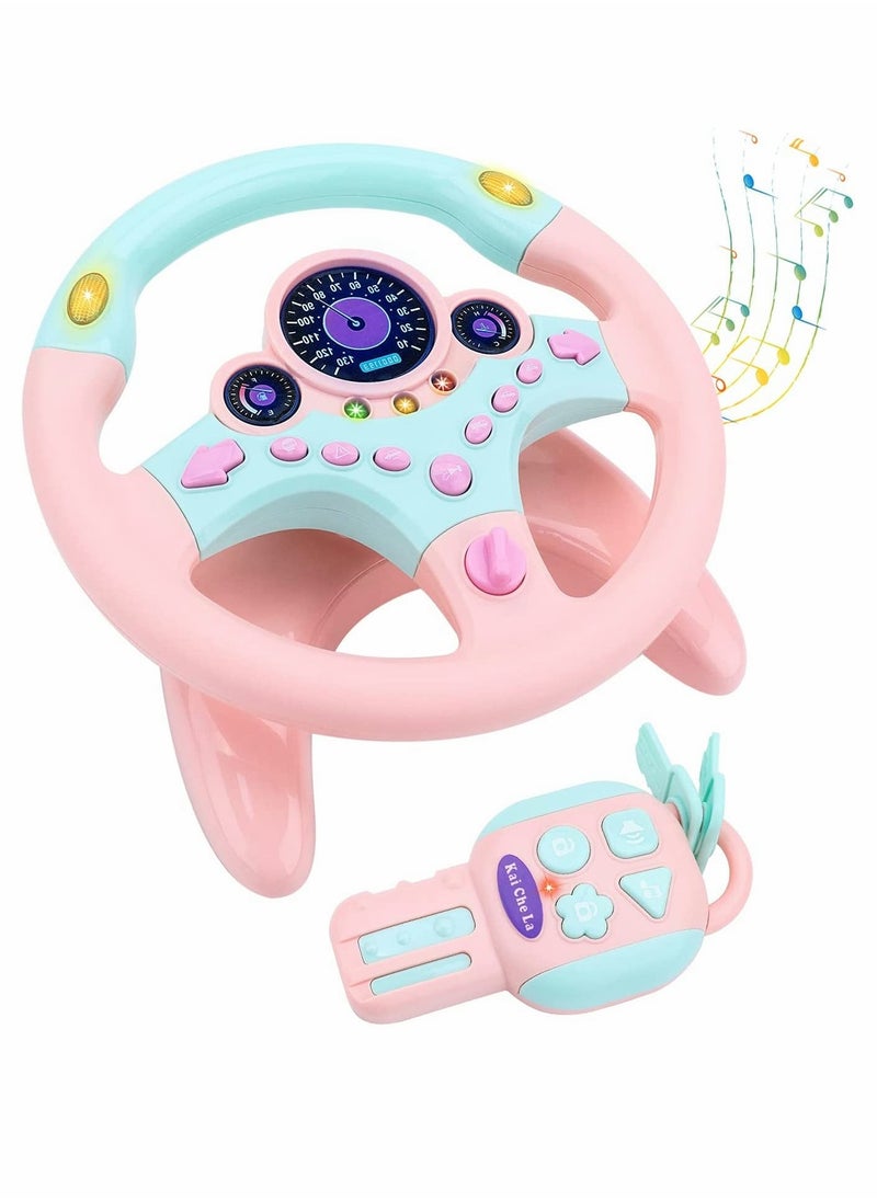 Musical Toys, Kids Steering Wheel for Backseat with Car Key Pretend Driving Simulated Driving Steering Wheel Toy with Light and Music Gifts, for Kids, Pink