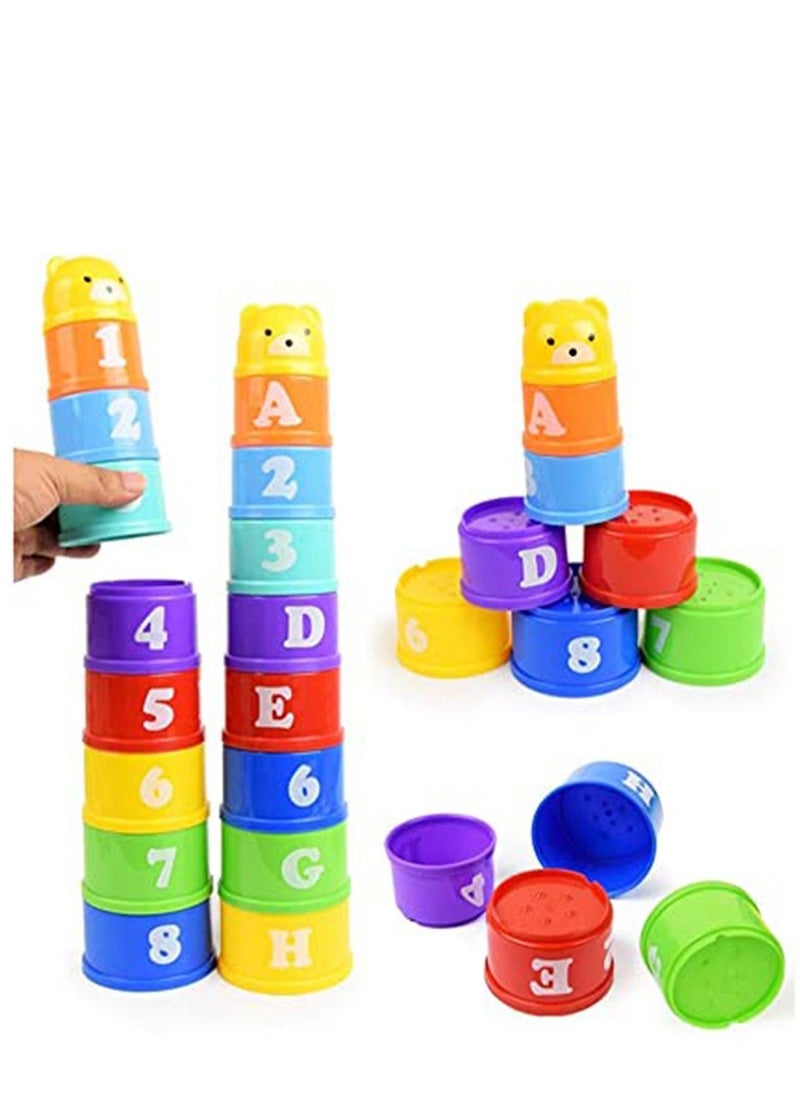 Stacking Cups, 9 pieces with letters and numbers, Sound Folding Cup Toy Stacking Cups Game Toy for Baby Kids Childrens Educational Toy Bath toys