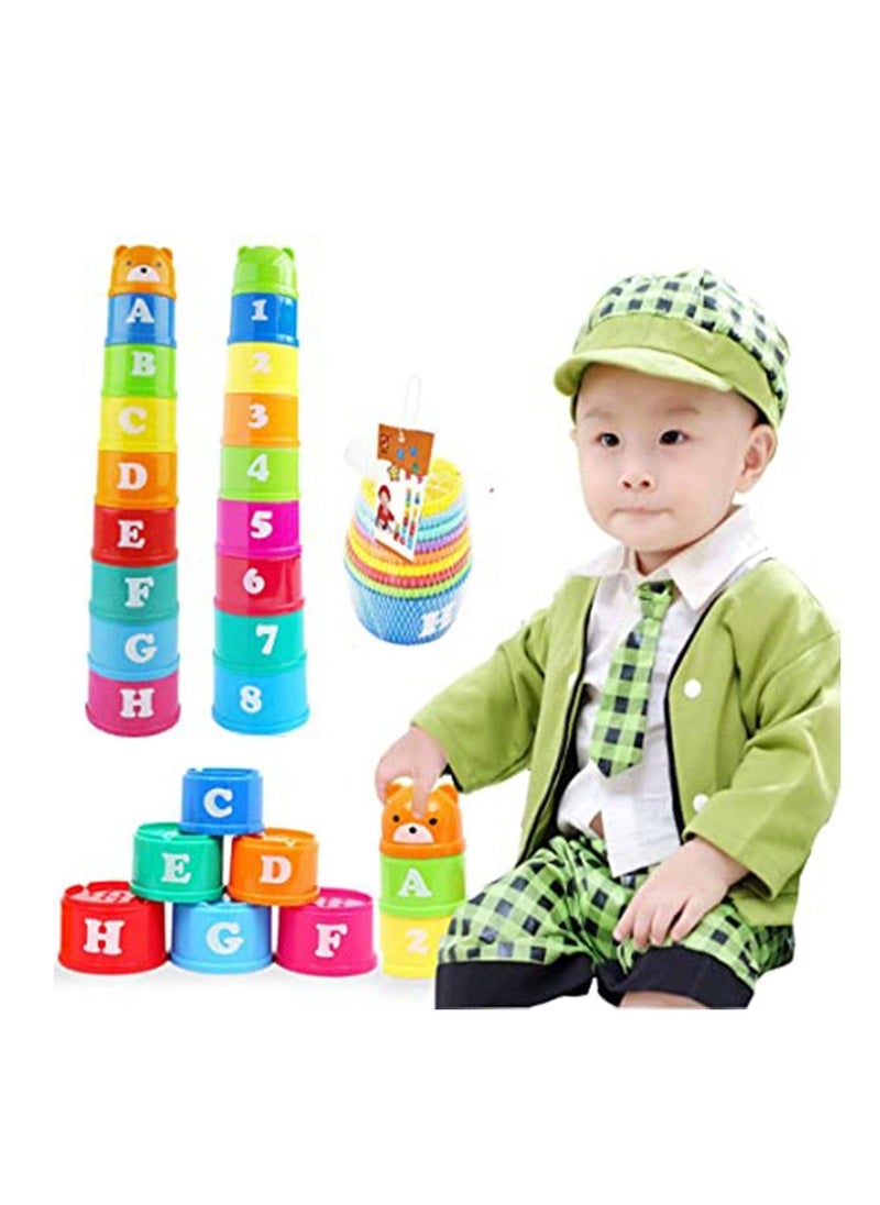 Stacking Cups, 9 pieces with letters and numbers, Sound Folding Cup Toy Stacking Cups Game Toy for Baby Kids Childrens Educational Toy Bath toys