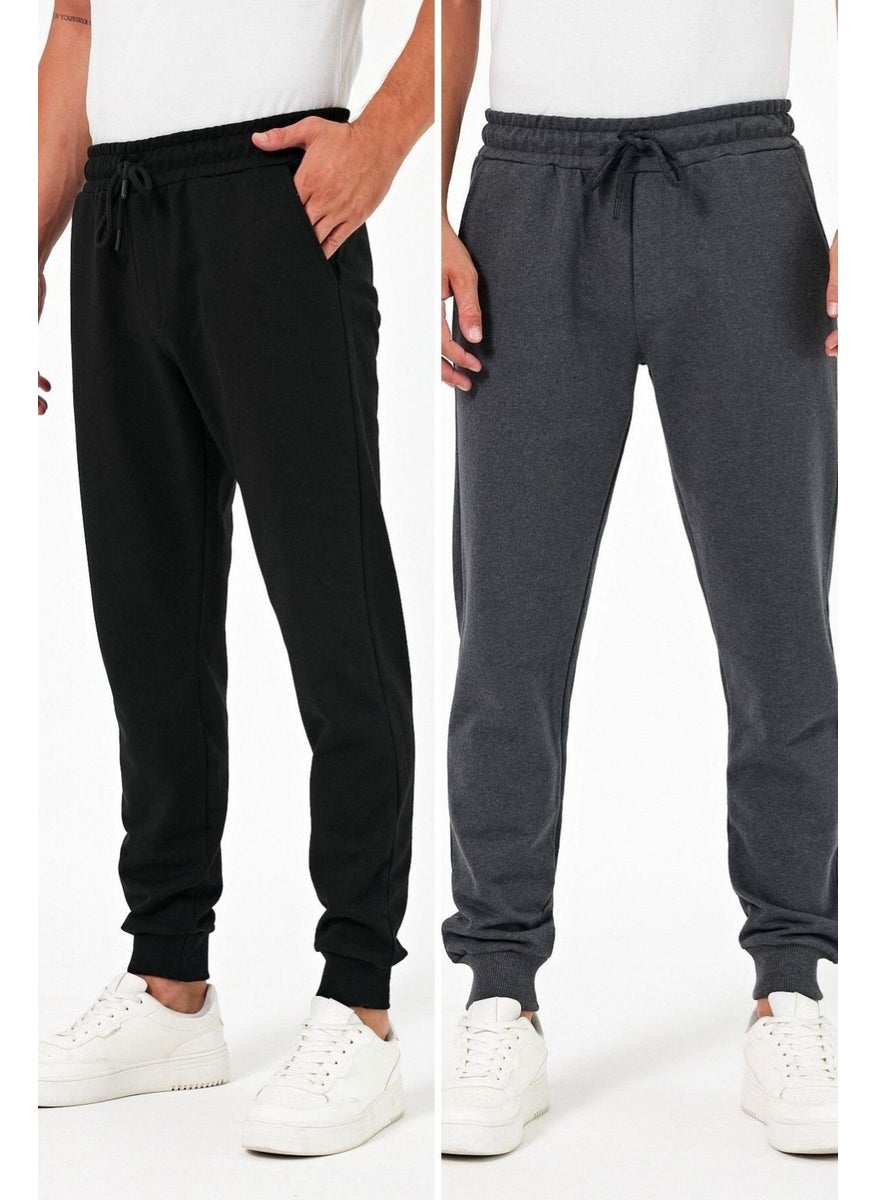 Thick Black-Anthracite Men's 2-Pack Sweatpants Jogger Back Pocket Elastic Leg Regular Fit Non-raised