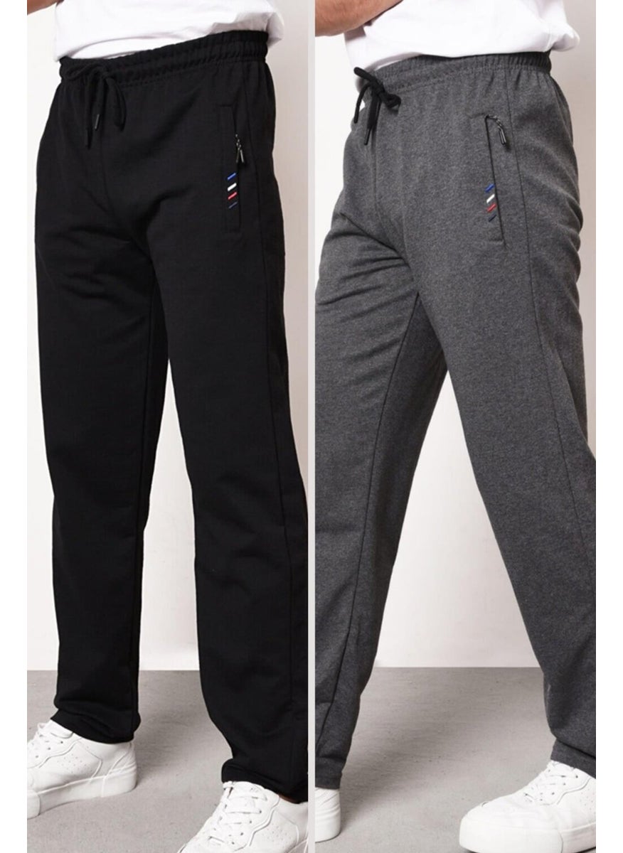 Black-Anthracite Men's Zipper Pocket Embroidery Detailed Straight Leg Relaxed Cut 2-Pack Sweatpants