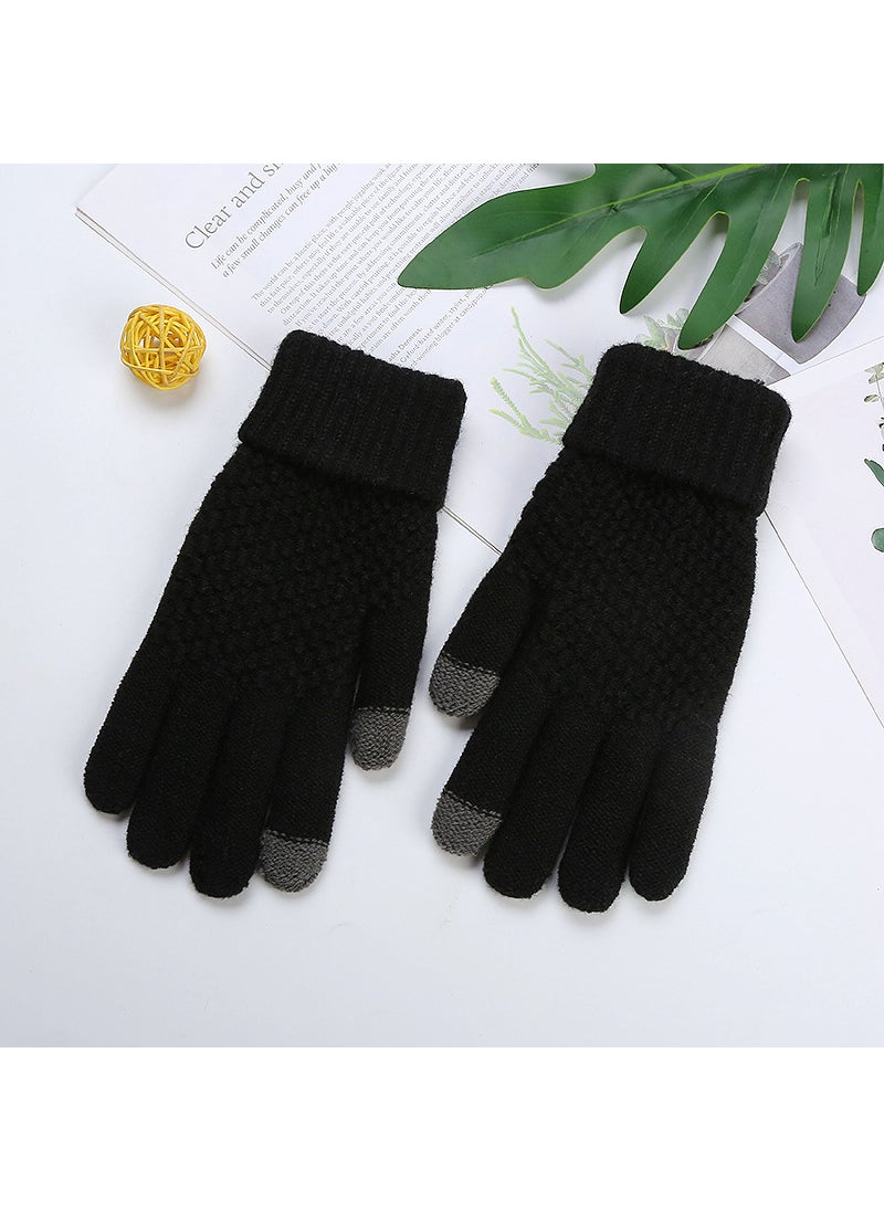 Factory direct autumn and winter knitted gloves student jacquard touch screen plus velvet padded couples warm fashion play mobile phoneBlack (imitation cashmere) Black (imitation cashmere)