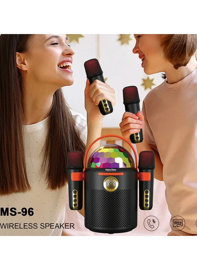 MS 96 Wireless Karaoke Portable Mini Bluetooth Party Speaker with Two Mic and RGB Disco Ball Lights For Indoor and Outdoor_Black