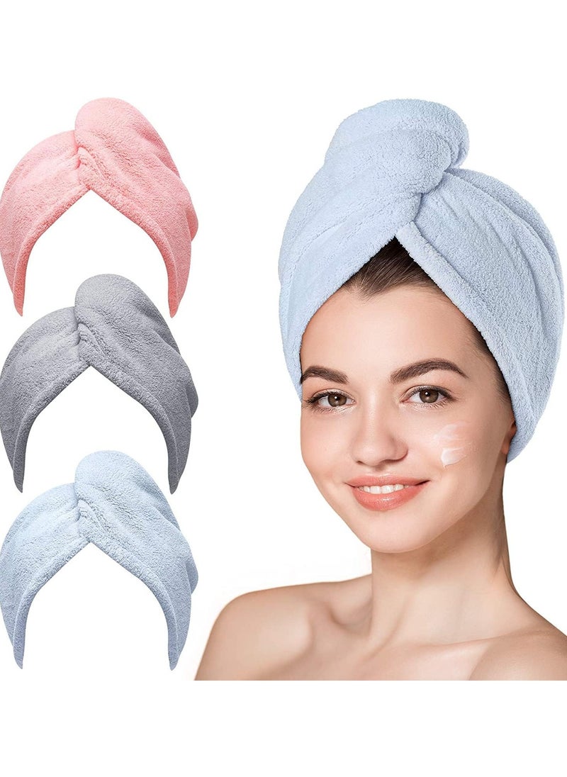 Microfiber Hair Towel, 3 Packs Hair Drying Towel with Button, Super Absorbent Quick Dry Hair Turban, for Drying Curly, Long & Thick Hair Anti Frizz