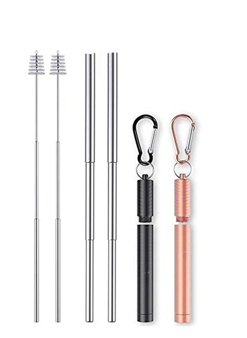 2 Pack Reusable Telescopic Straw, Stainless Steel Collapsible Drinking Straw, Portable Metal Straw Kit with Cleaning Brush & Carabiner