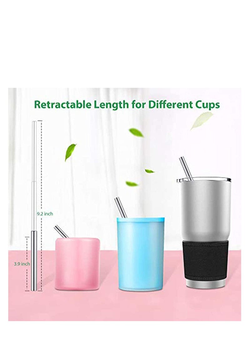 2 Pack Reusable Telescopic Straw, Stainless Steel Collapsible Drinking Straw, Portable Metal Straw Kit with Cleaning Brush & Carabiner