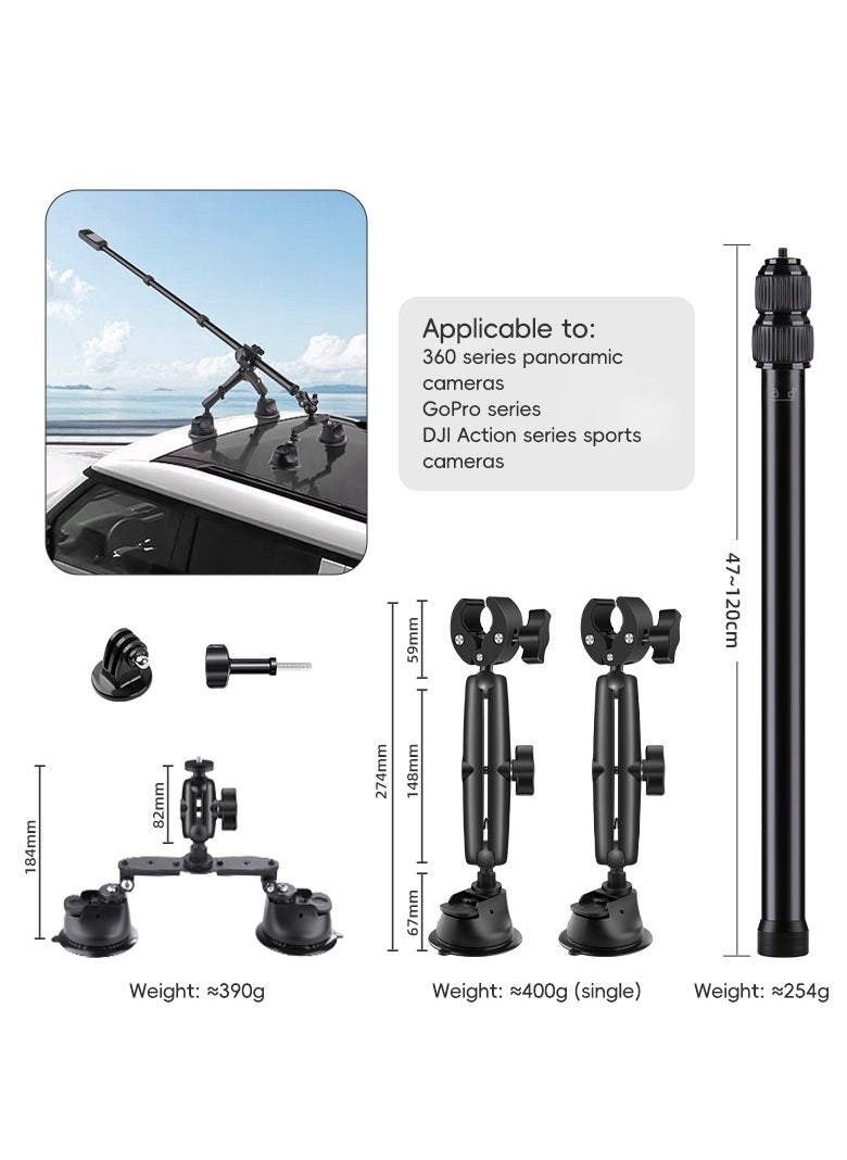 Car Suction Camera Mount, 3in1 Suction Cups Mount with 118cm Invisible Selfie Stick for Insta360 X4 X3 X2 X ONE, Go-Pro, 360° Rotation Car Holder for Windshield Window, Car Hood, Top Roof