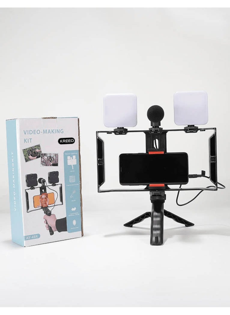 AY-49X Multi Purpose Adjustable All In One Video Making Kit with 2 LED Lights Grips and Microphone Perfect for vlogging Live Streaming and Content Creation