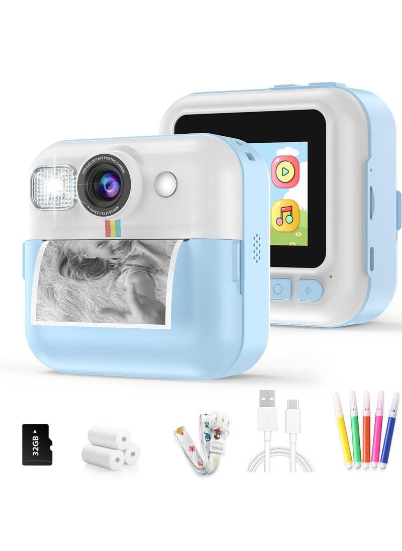 Instant Print Camera for Kids with 3 Rolls of Printer Paper, 1080P Toddler Digital Camera Toys for Age 3-12 with 32GB SD Card, Christmas & Birthday Gifts for 3 4 5 6 7 8 Year Old Girls & Boys (Blue)