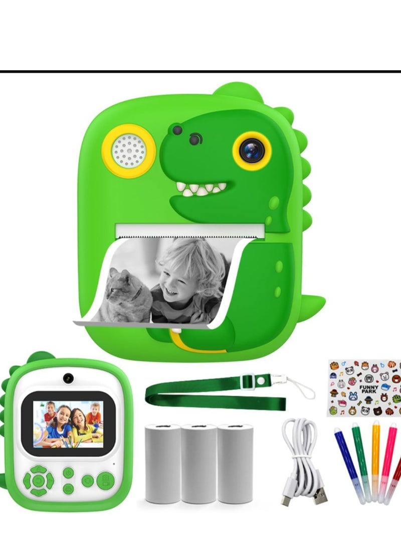 Dinosaur Kids Instant Print Camera Silicone Protective Cover 1080P Digital Selfie Camera 2.4-inch IPS Screen Instant Print Kids Camera with Photo Paper Rolls 16GB Micro SD Card (Green)