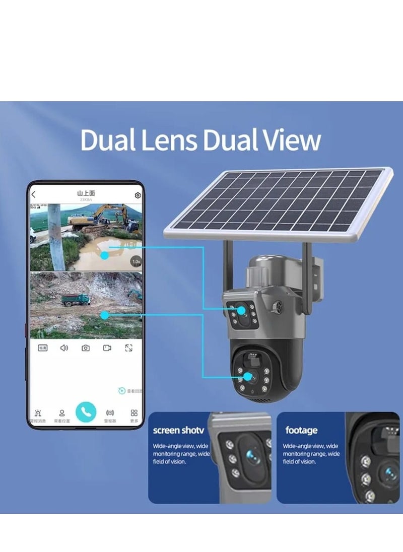 SOLAR WIFI DUAL LENS 4K 8MP CLARITY, COLOR AT NIGHT, AUTOTRACKING, 2 WAY AUDIO, 360 ROTATION, APP CONTROL