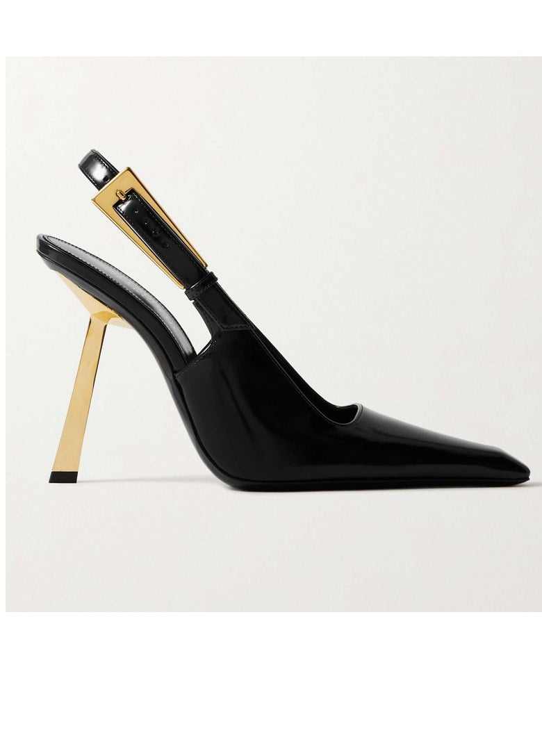 Women's Closed Pointed Toe High Heels With Adjustable Ankle Strap Stiletto Pumps Black/Gold 7 CM