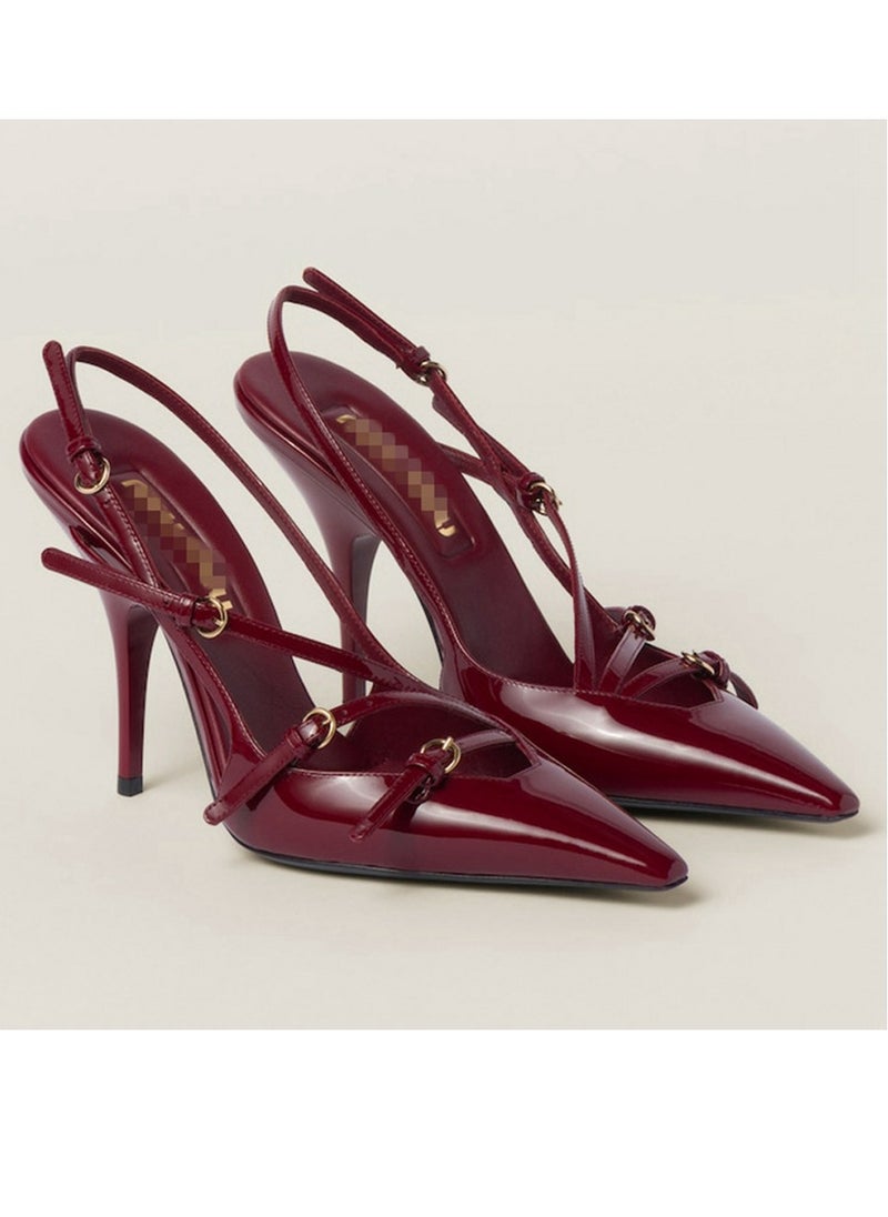 Women's Closed Square Toe High Heels With Adjustable Ankle Strap Stiletto Pumps Wine Red 9 CM