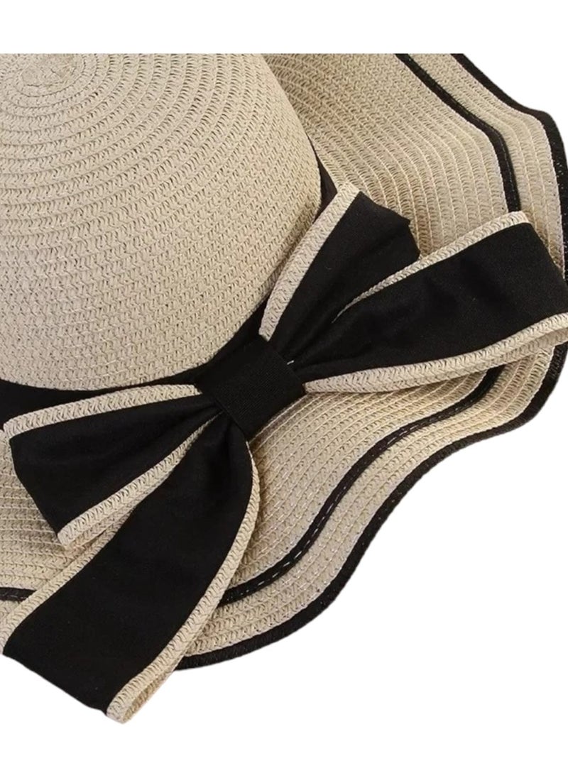 Women's Wavy Wide Brim Bow Summer Organic Straw Hat