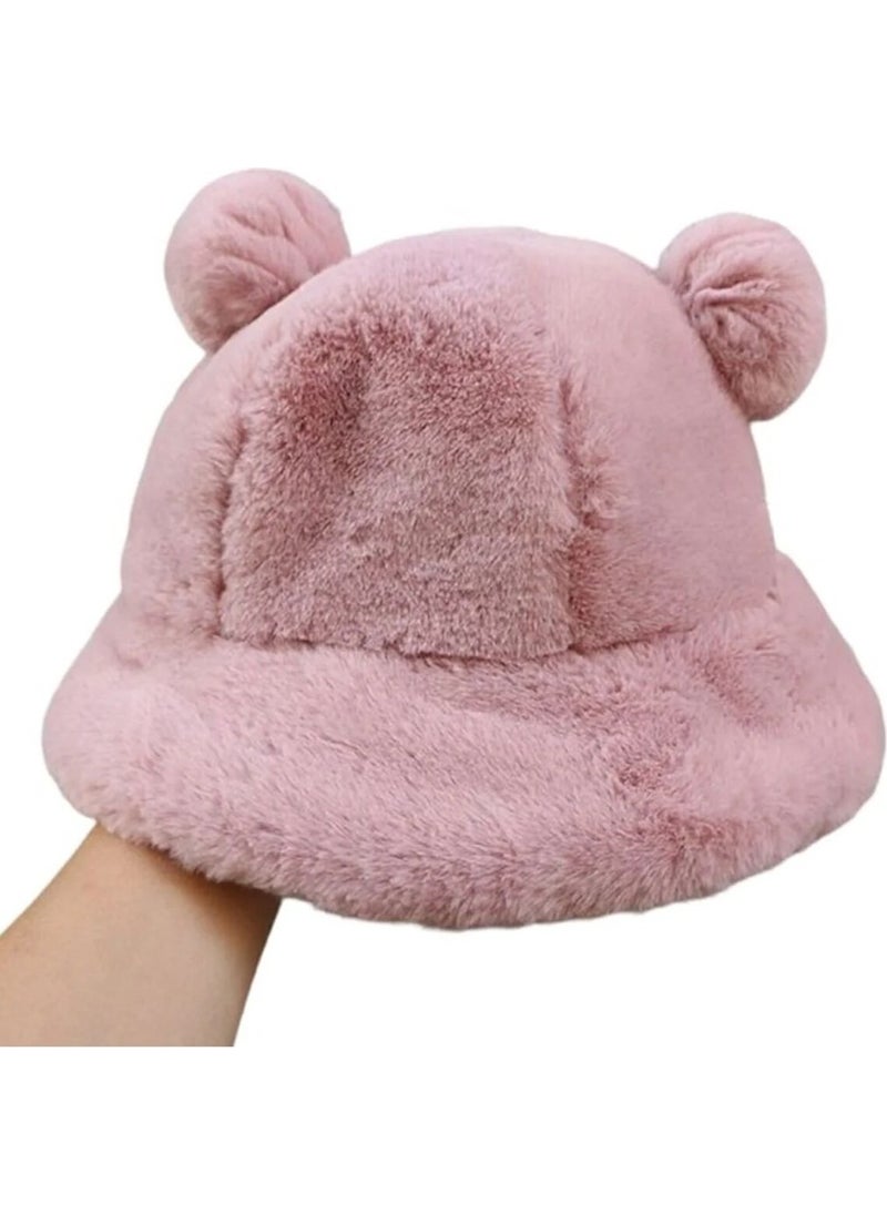 Women's Cute Bear Ear Plush Bucket Hat