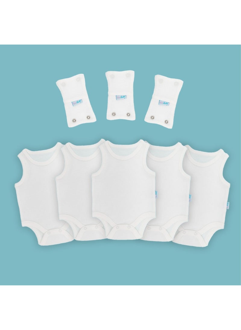 5-Piece Baby Athlete Bodysuit + 3-Piece Body Extension Apparatus with Snap Fasteners Ecru 100% Cotton 9-12 Months