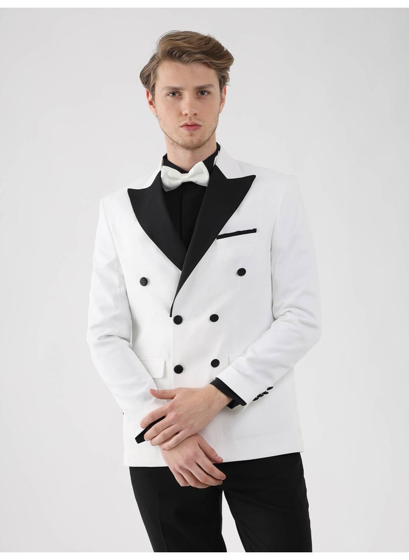 Ecru-Black Men's Slim Fit Pointed Collar Tuxedo Suit