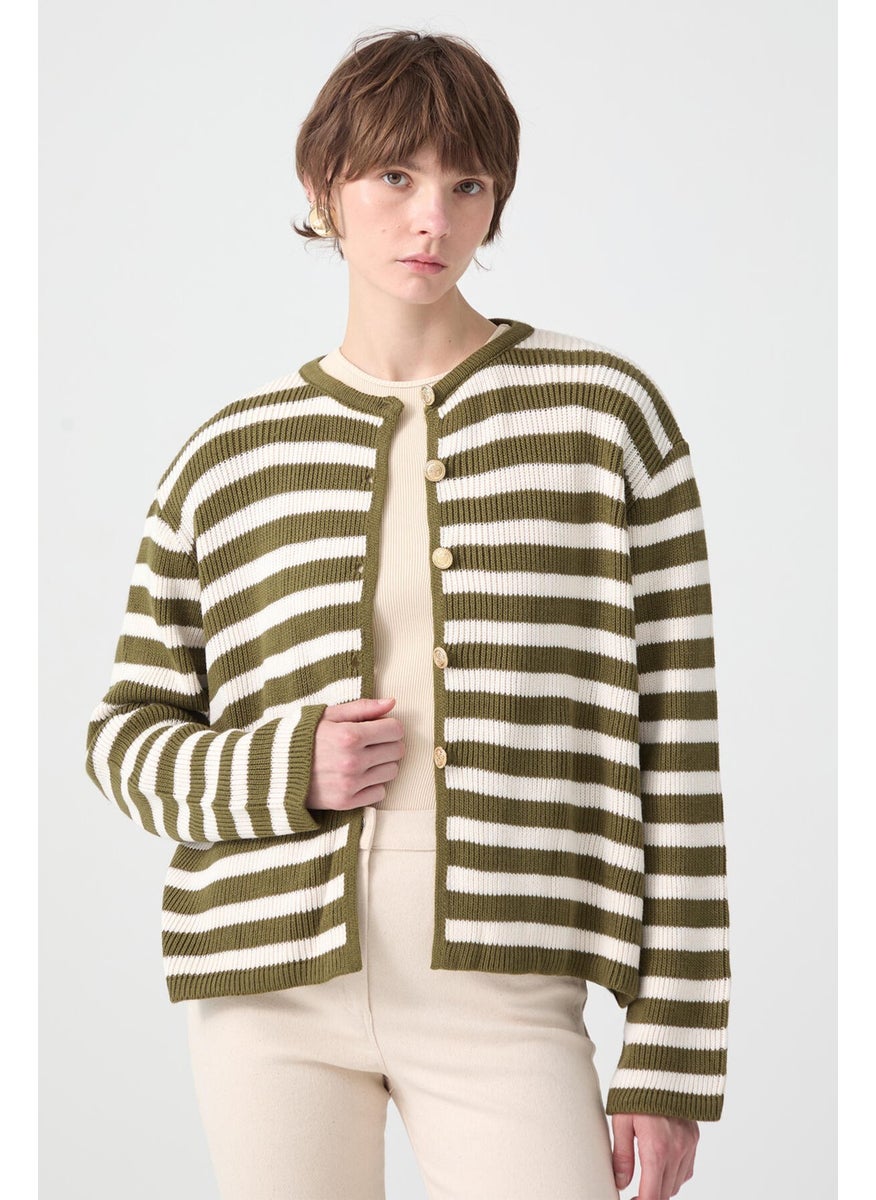 Gold Buttoned Striped Short Cardigan