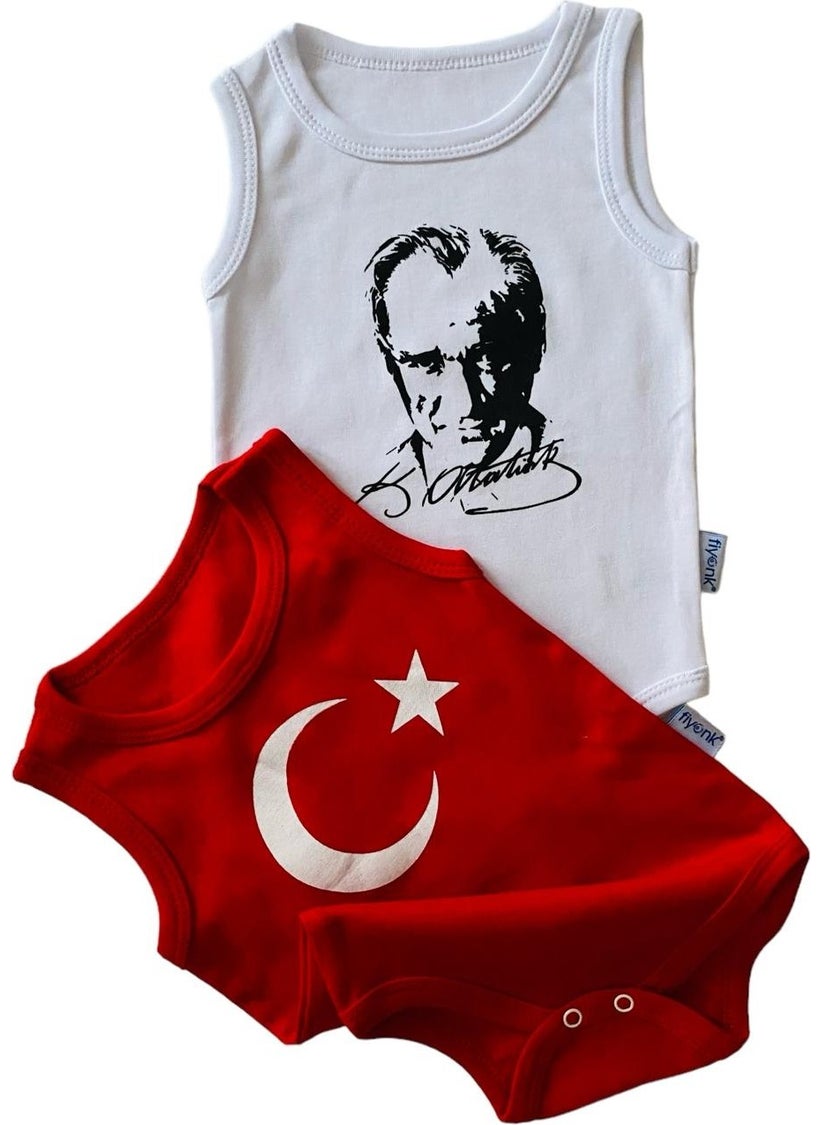 Atatürk Organic Printed Baby Bodysuit 100% Cotton Moon Star White/red Snap Fastener Bodysuit 2 Pieces