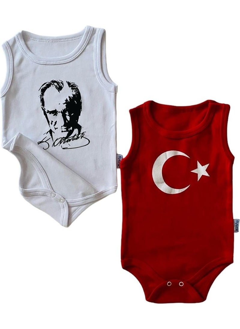 Atatürk Organic Printed Baby Bodysuit 100% Cotton Moon Star White/red Snap Fastener Bodysuit 2 Pieces