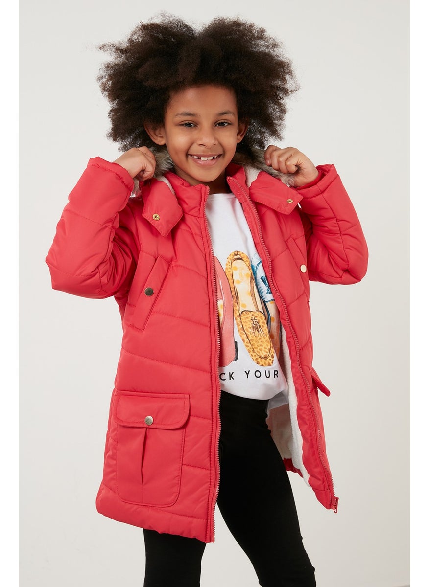 Girl's Coat with Faux Fur Collar and Plush Lining and Hooded Pocket 6034040