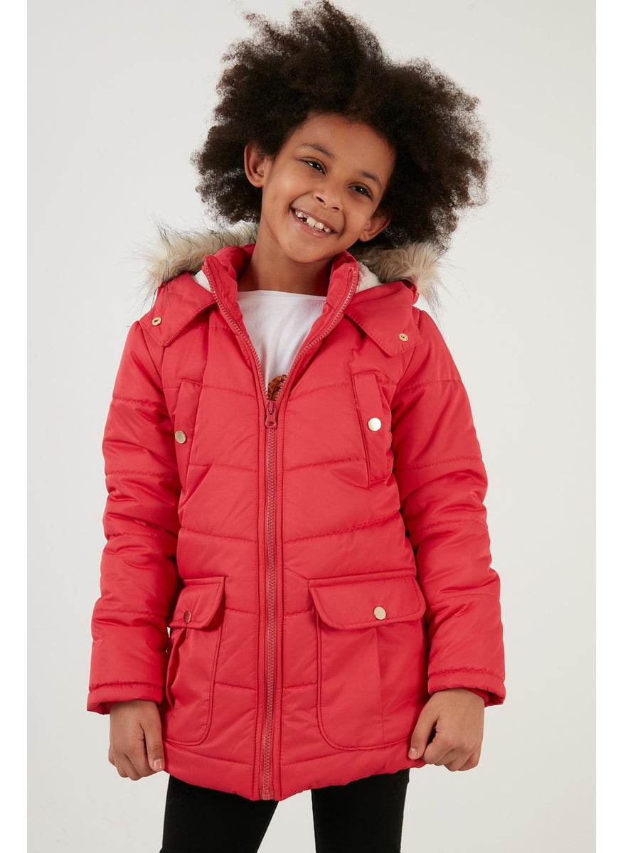 Girl's Coat with Faux Fur Collar and Plush Lining and Hooded Pocket 6034040