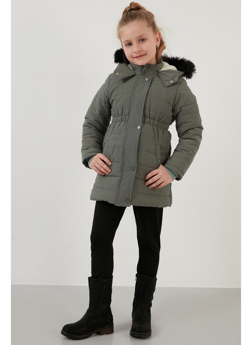 Faux Fur Collar Plush Lined Hooded Coat with Pockets Girl's Coat 6035030