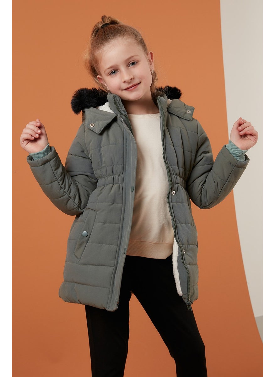 Faux Fur Collar Plush Lined Hooded Coat with Pockets Girl's Coat 6035030