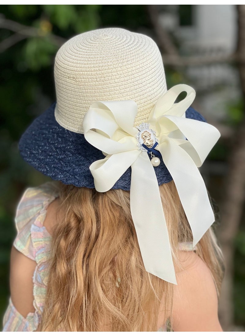 Queen Accessory Luxury Pearl Brooch and Butterfly Bow Fancy Navy Blue Cream Straw Hat Girl's Hat