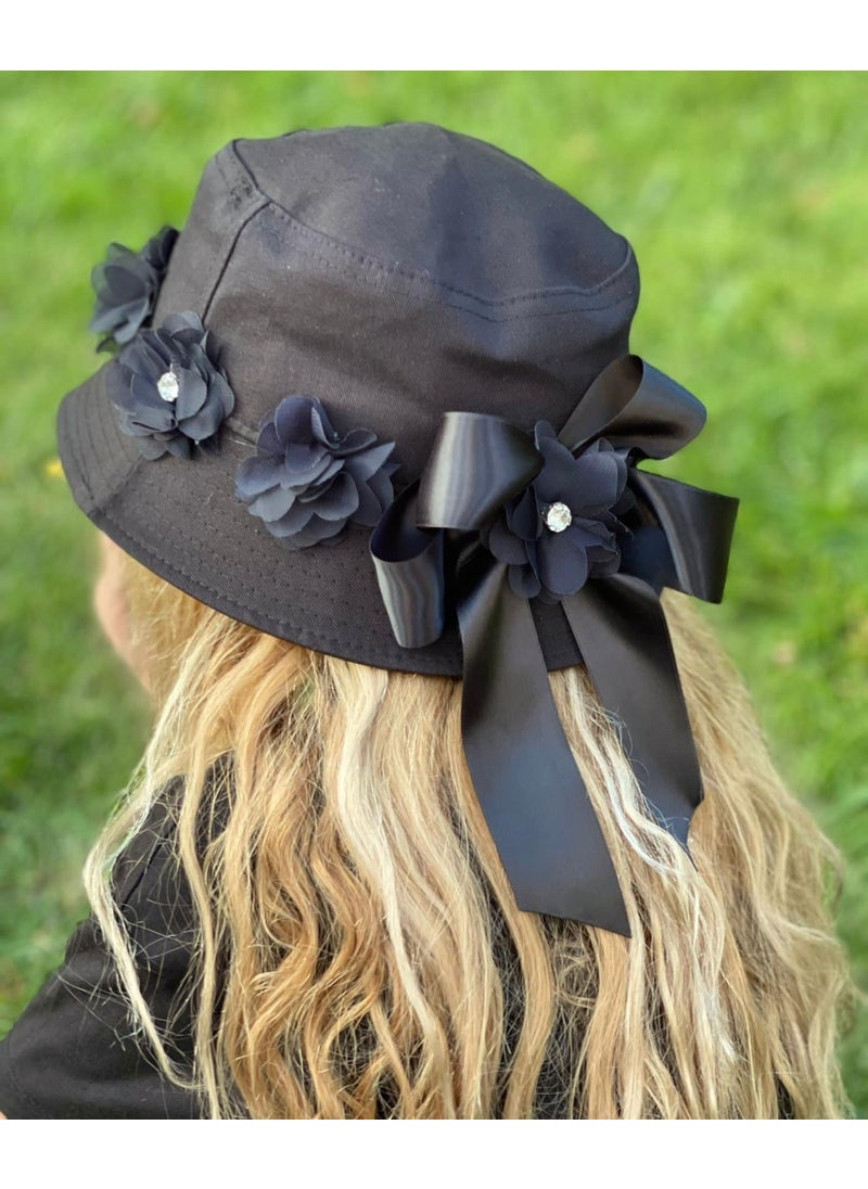 Queen Accessory Luxury Special Design Stoned Flower Ribbon Adult Youth Baguette Bucket Hat Black