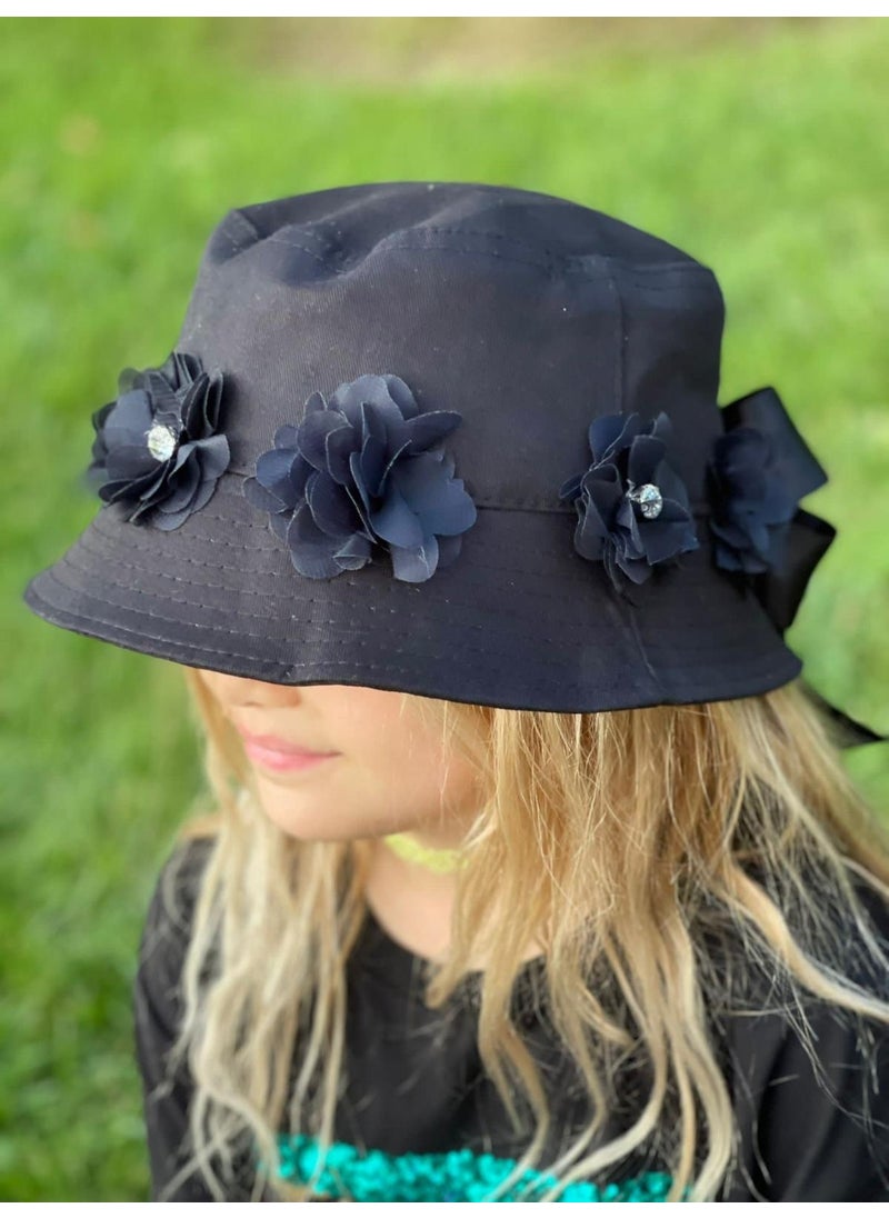 Queen Accessory Luxury Special Design Stoned Flower Ribbon Adult Youth Baguette Bucket Hat Black