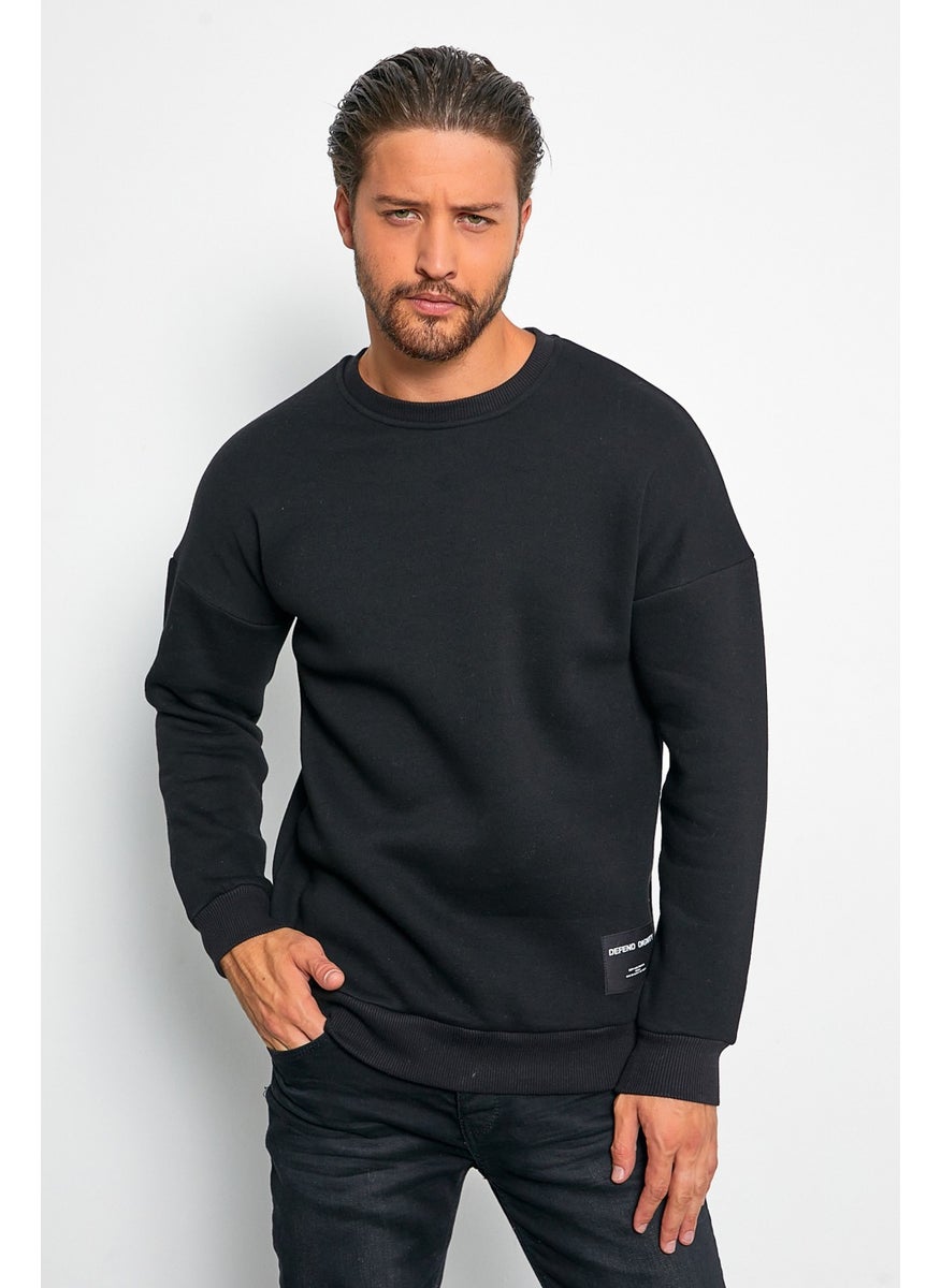 Defend Men's Black Oversize Daily Crew Neck Woolen Comfortable Sports Sweatshirt