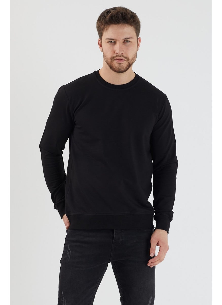 Plaın Men's Black Basic Crew Neck Thin Sweatshirt