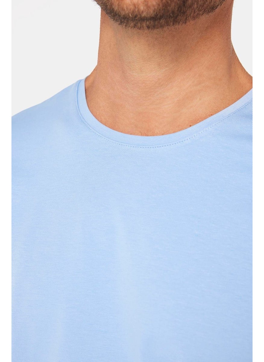 Men's Slim Fit Slim Cut Cotton Soft Texture Flexible Fabric Plain Basic Blue Crew Neck T-Shirt