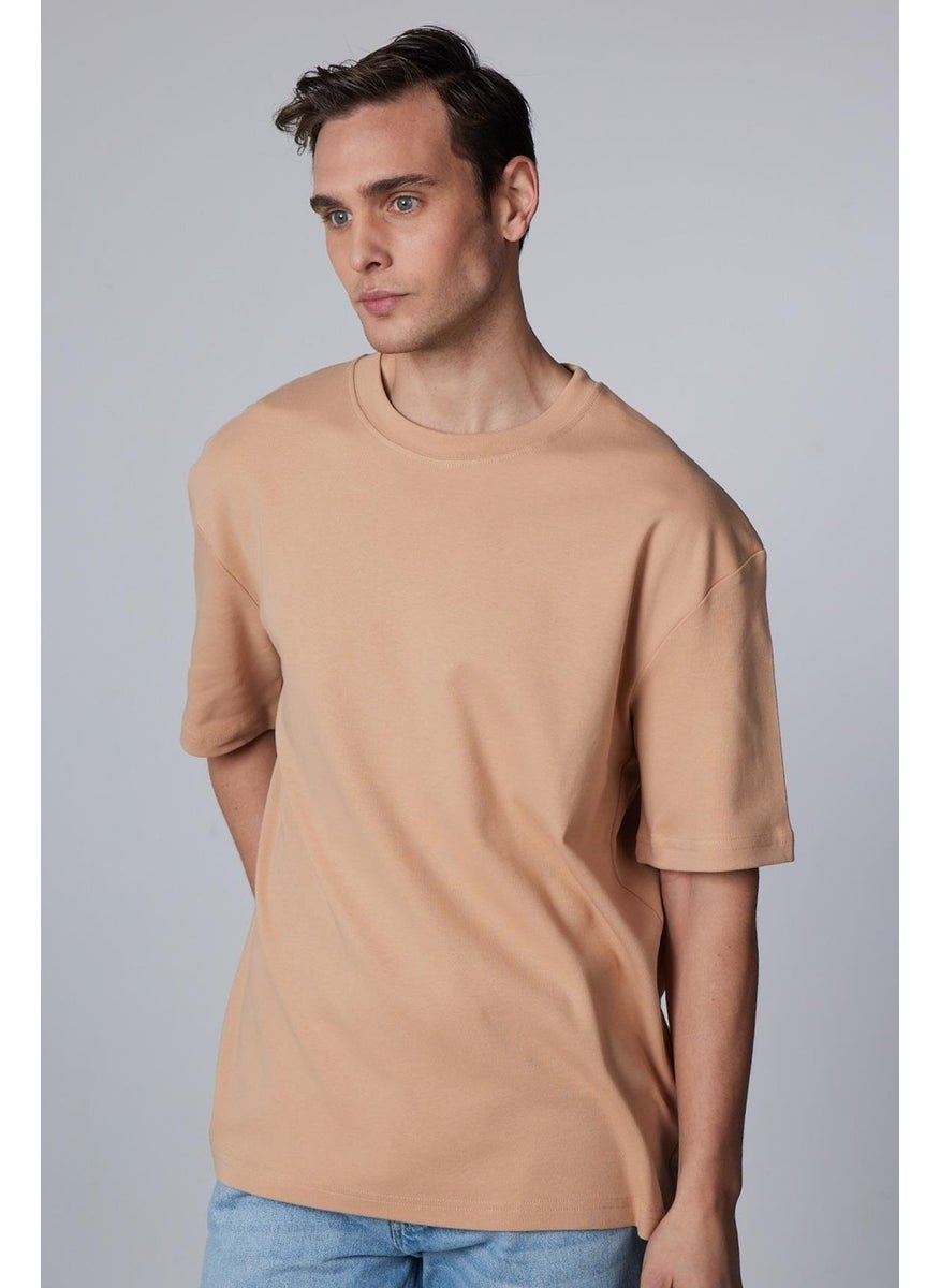 Oversize Wide Cut Cotton Soft Textured Basic Crew Neck Mink T-Shirt